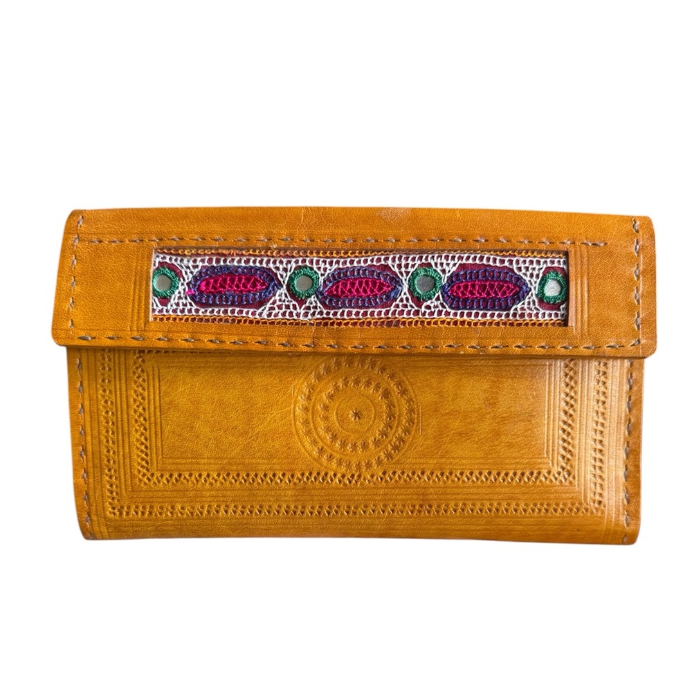 Artisan Tan Leather Large Wallet Embossed and Embroidered Bohemian Clutch